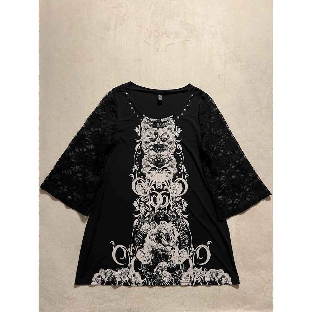 Style & Co Womens Black Lace Bell Sleeve Studded Graphic Floral Top Large
